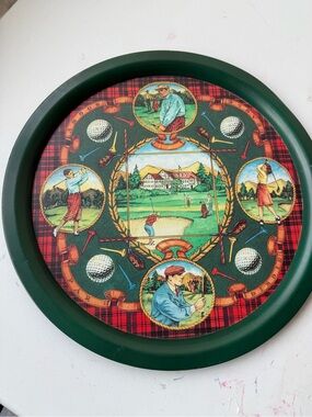 Vintage Golf Themed Round Serving Tray - Green & Red